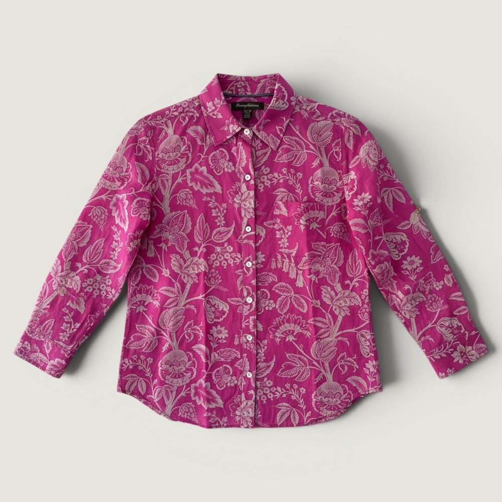 Tommy Bahama Womens XS Silk Cotton Pink Floral Long Sleeve Blouse Shirt Tropical